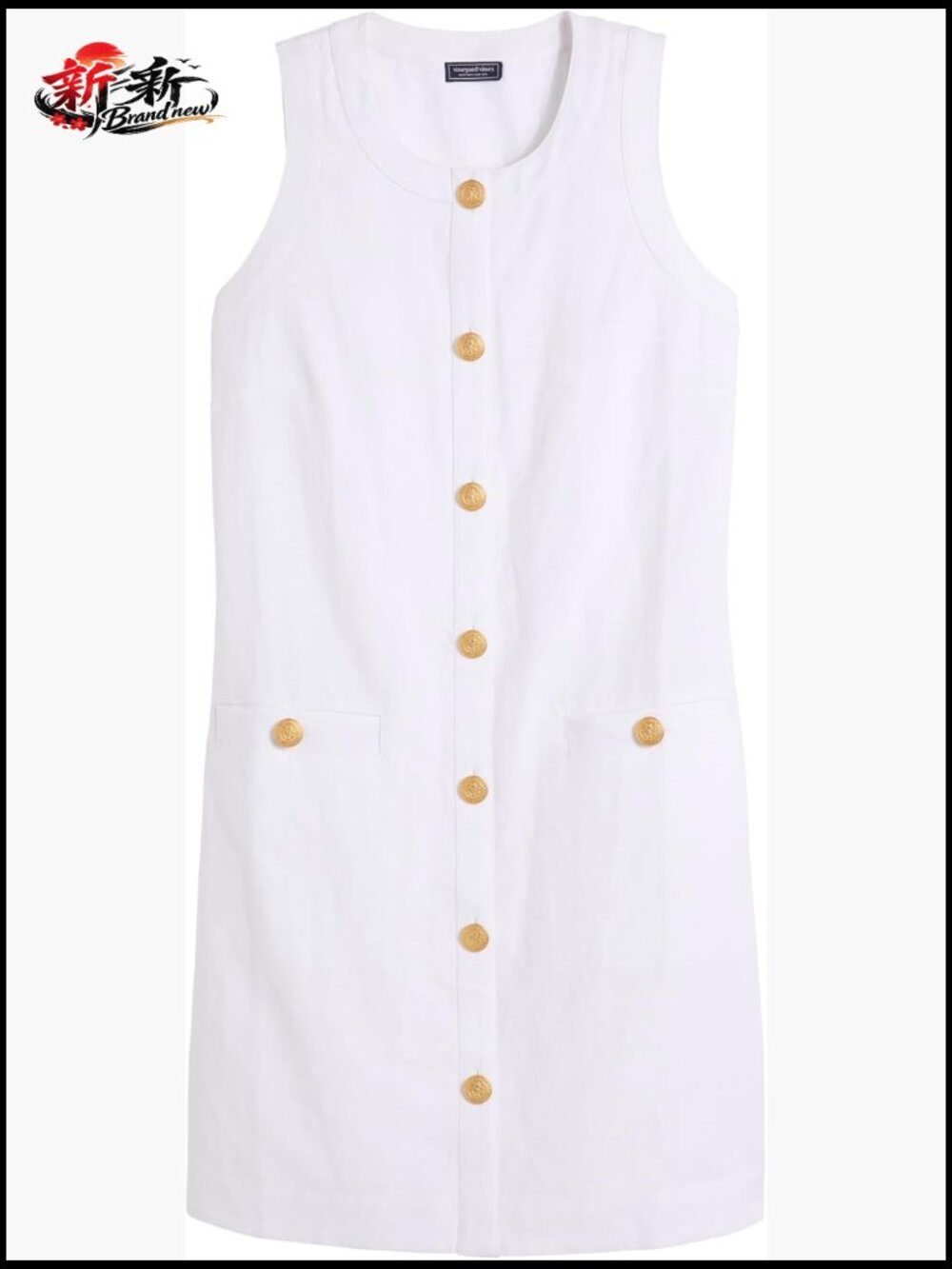 Linen Button Front Shift Dress with Pockets - Sleeveless Crew Neck